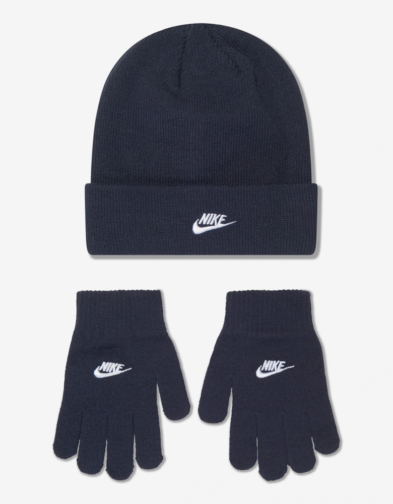 Boys Futura Beanie Hat And Gloves Set in Navy