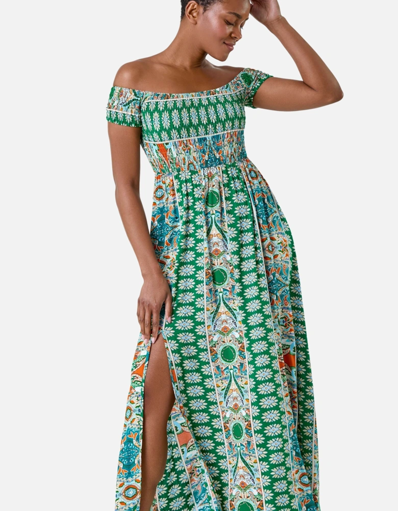 Patchwork Shirred Bardot Maxi Dress