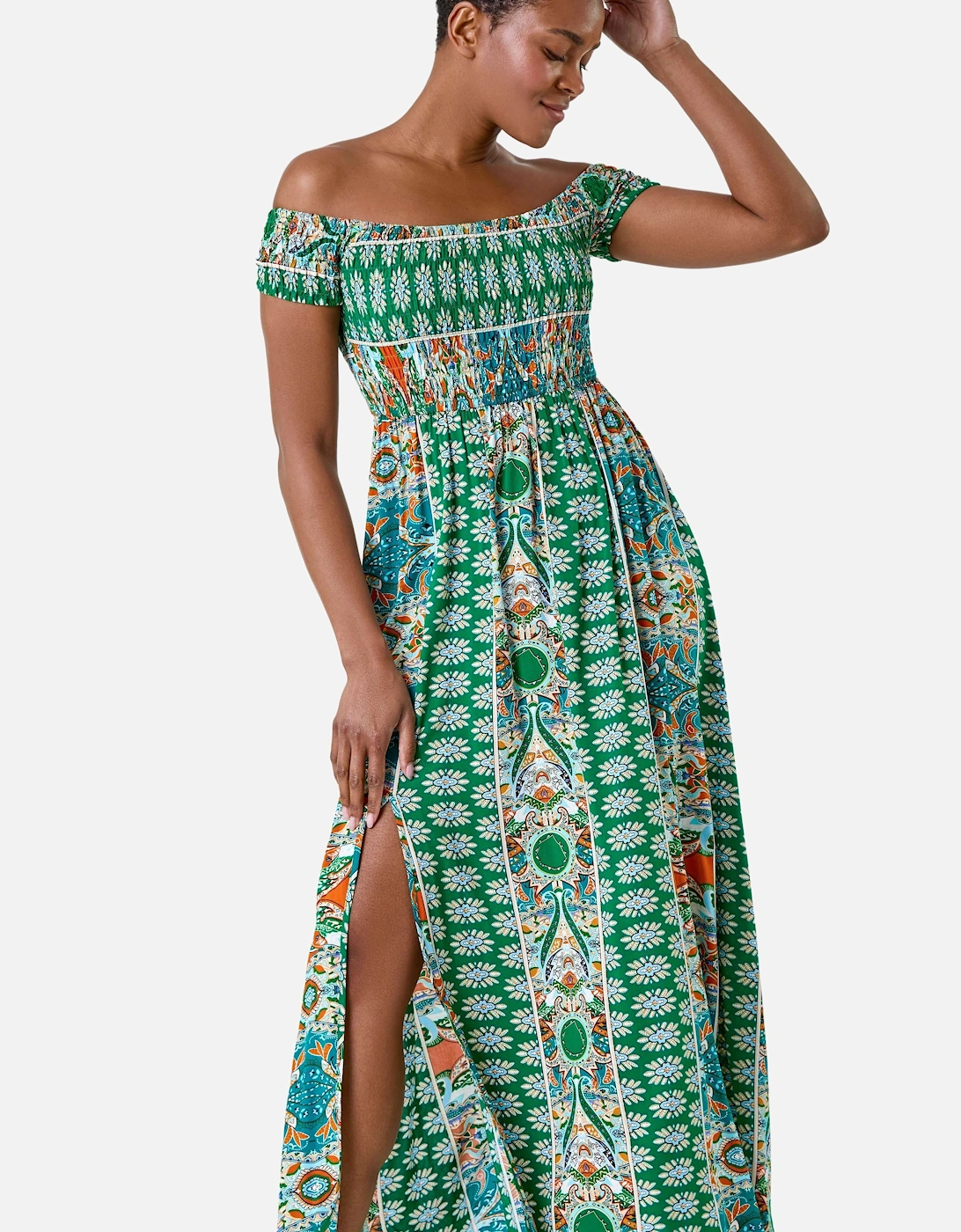 Patchwork Shirred Bardot Maxi Dress, 2 of 1