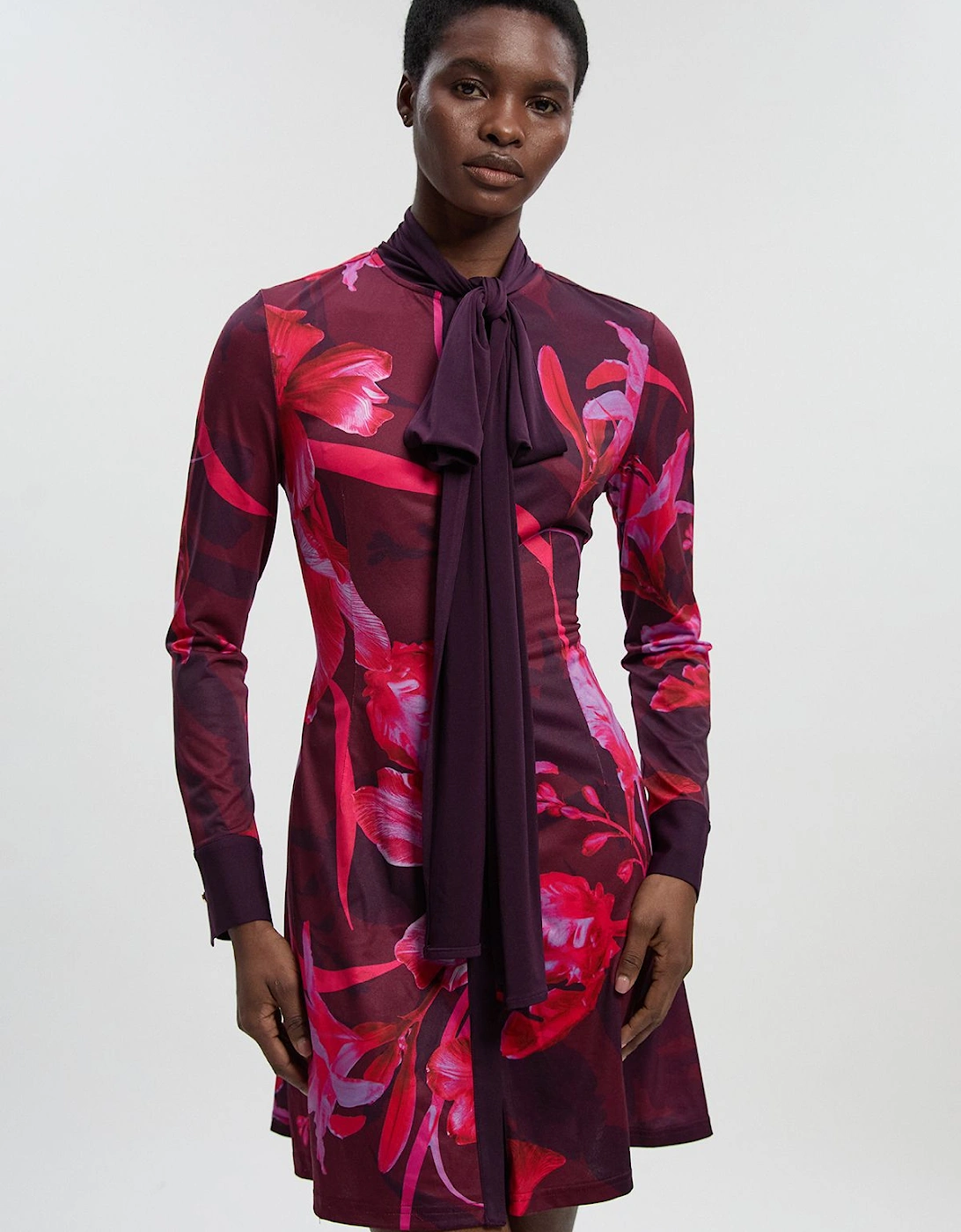 Floral Print Crepe Tie Neck Long Sleeve Mini Dress, 2 of 1