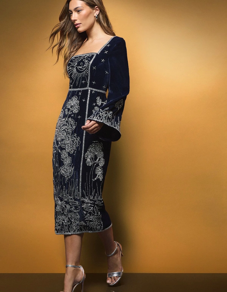 Square Neck Celestial Embellished Velvet Midi Party Dress