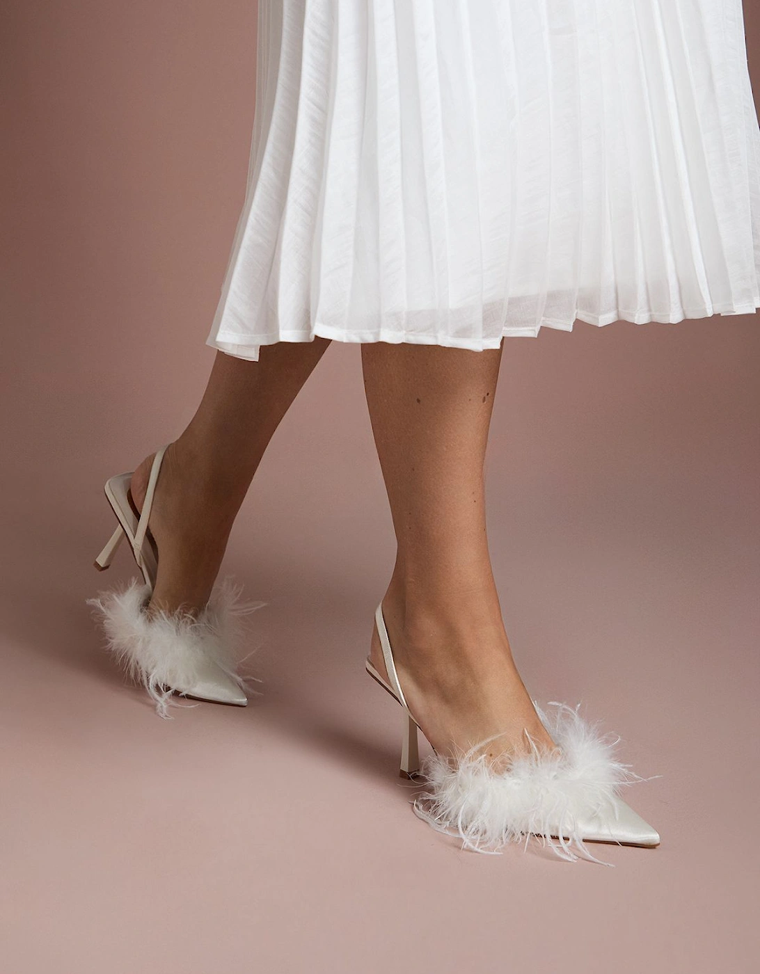 Bridal Marina Satin Feather Pointed Slingback High Stiletto Court Shoes, 2 of 1