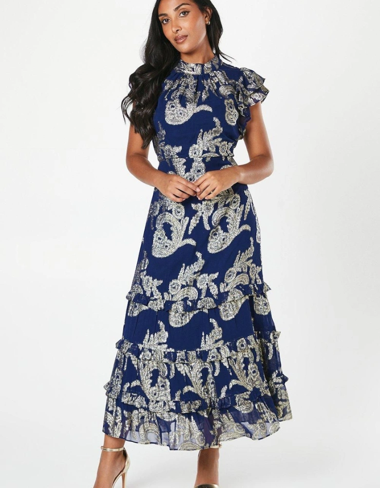 Petite Metallic Ruffle Sleeve Midaxi Dress
