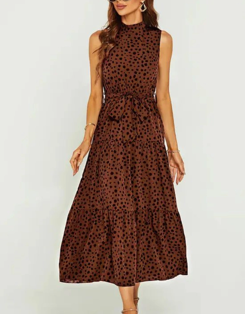 Halter Neck Maxi Layer Dress In Brown & Black Leopard Print