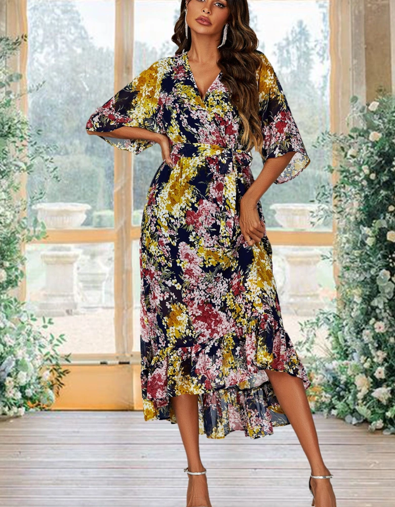Floral Print Wrap Top Kimono Sleeve Maxi Dress In Navy