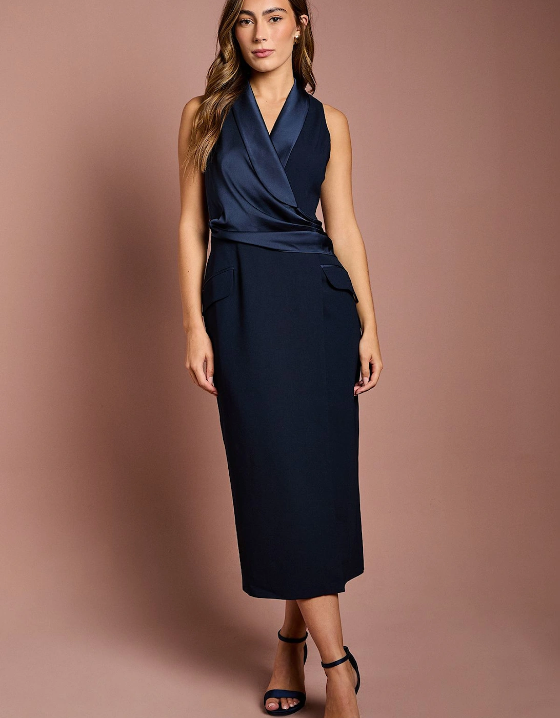 Sleeveless Crepe Satin Wrap Midi Dress, 2 of 1