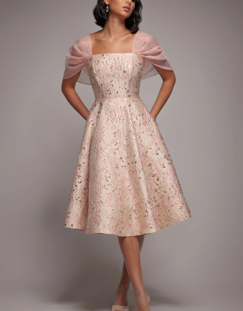 Lace Up Jacquard Midi Dress With Organza Wings