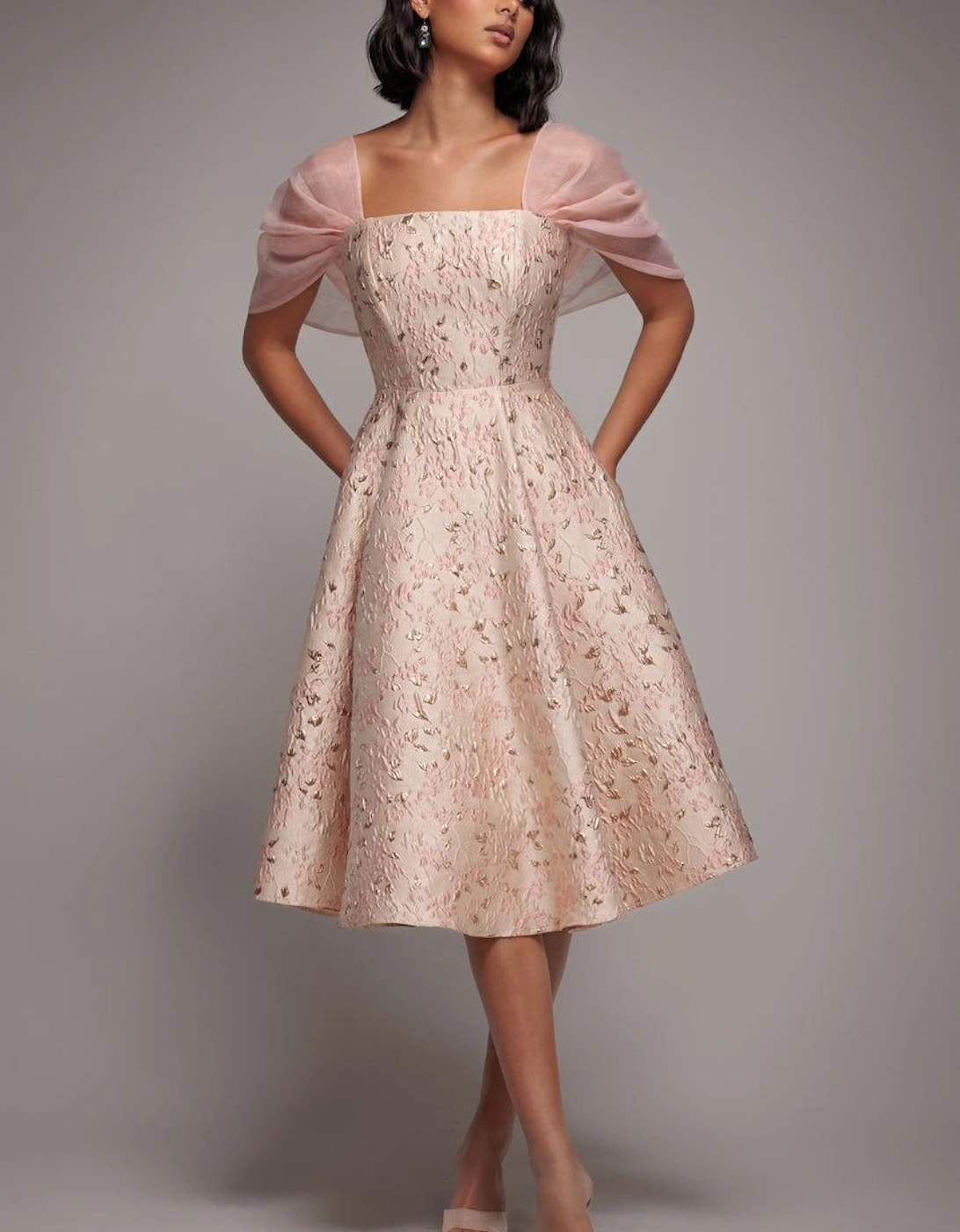 Lace Up Jacquard Midi Dress With Organza Wings, 2 of 1