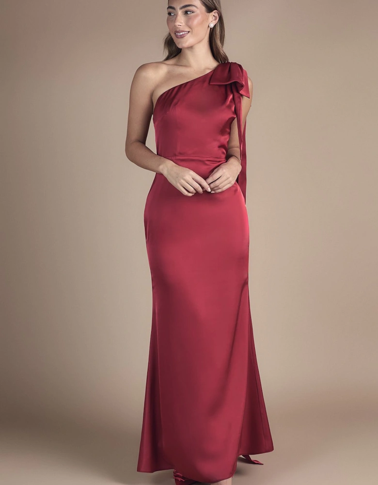 Bow And Drape Detail One Shoulder Satin Bridesmaid Dress