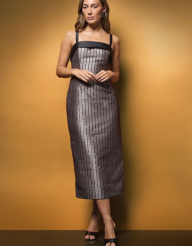 Muse Square Neck Linear Beaded Sequin Maxi Dress