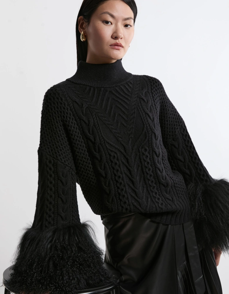 Cable Knit Viscose Blend Shearling Cuff Jumper