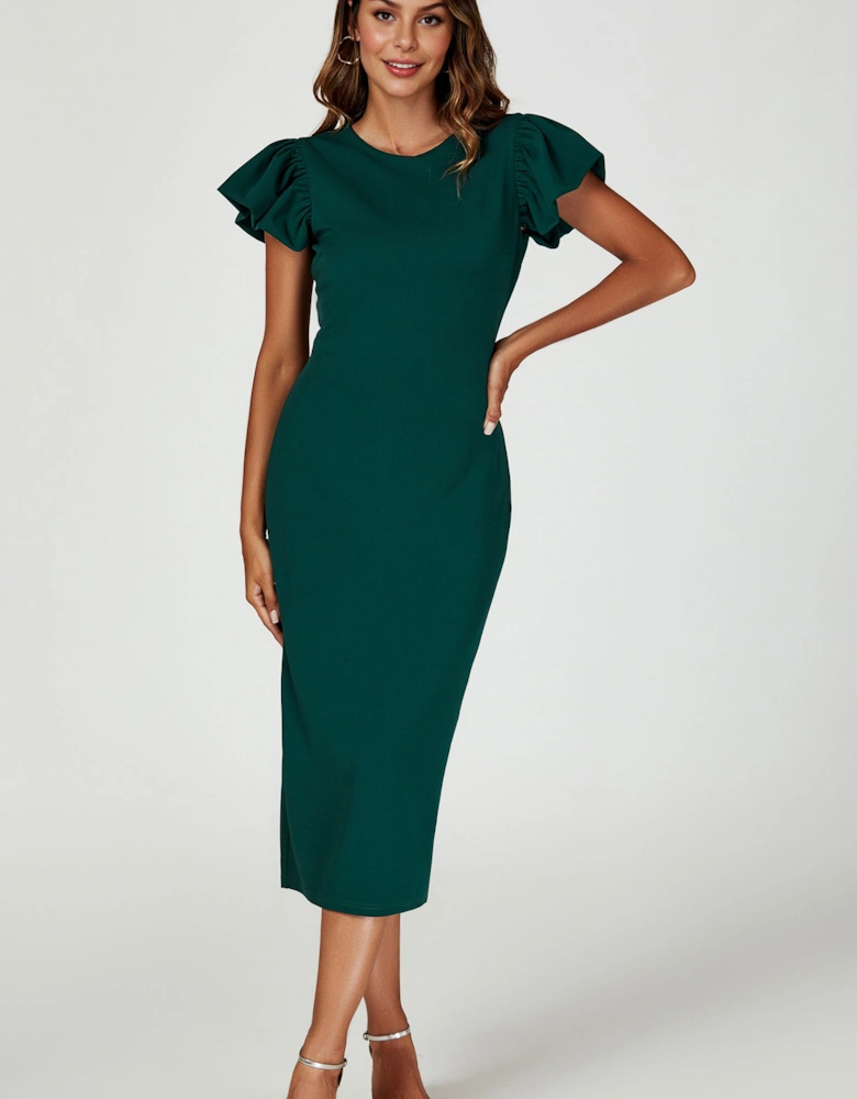 Ruffle Sleeve Bodycon Midi Dress In Green