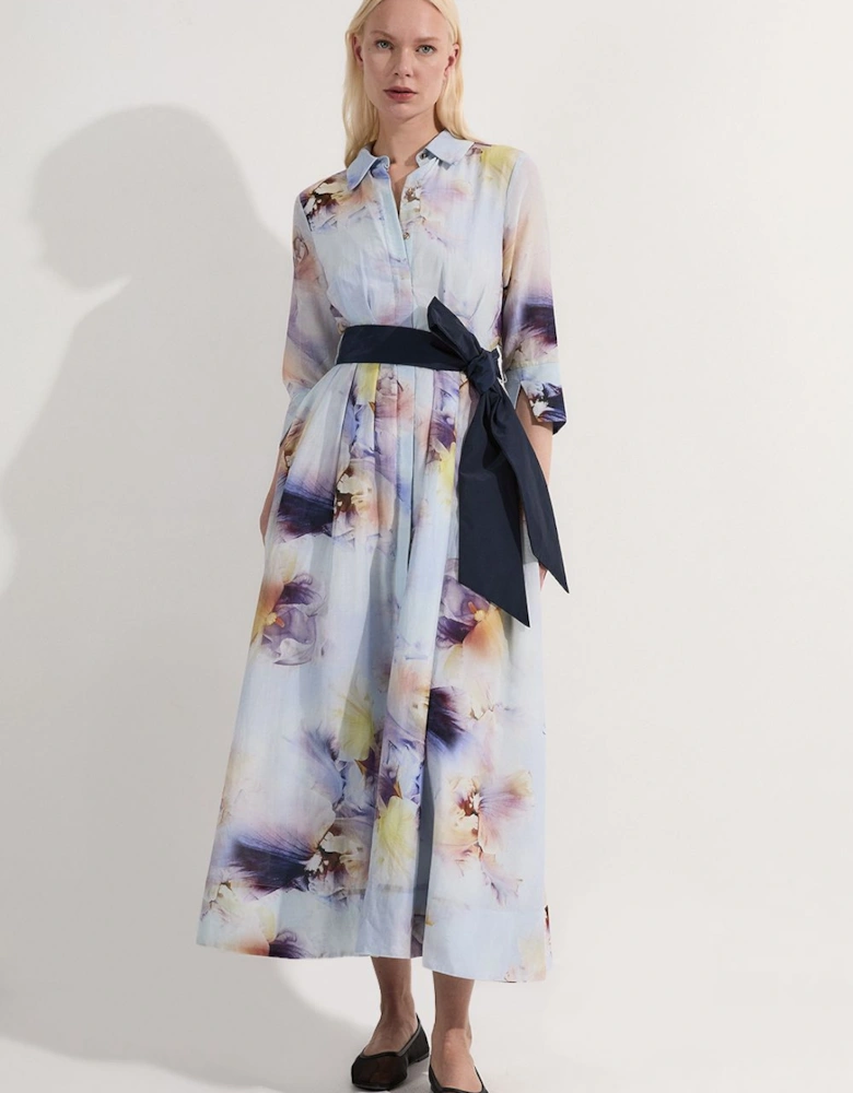 Spring Floral Silk Cotton Woven Shirt Dress