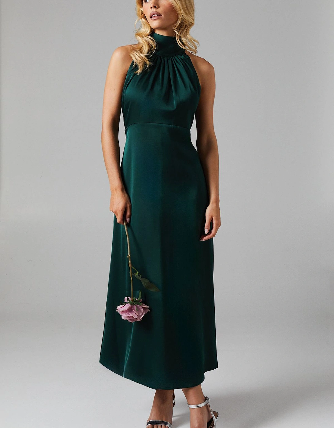 Petite Satin Halter Neck Midi Bridesmaid Dress, 2 of 1