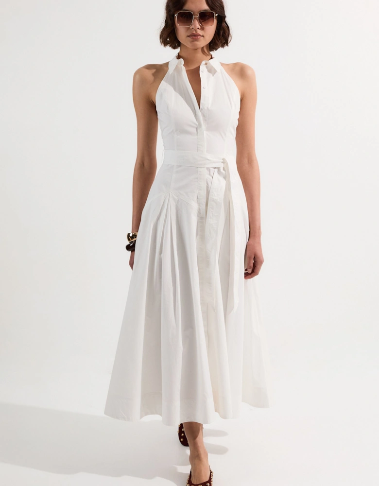 Tall Cotton Collared Halter Neck Woven Midi Shirt Dress With Dropped Waist Detail
