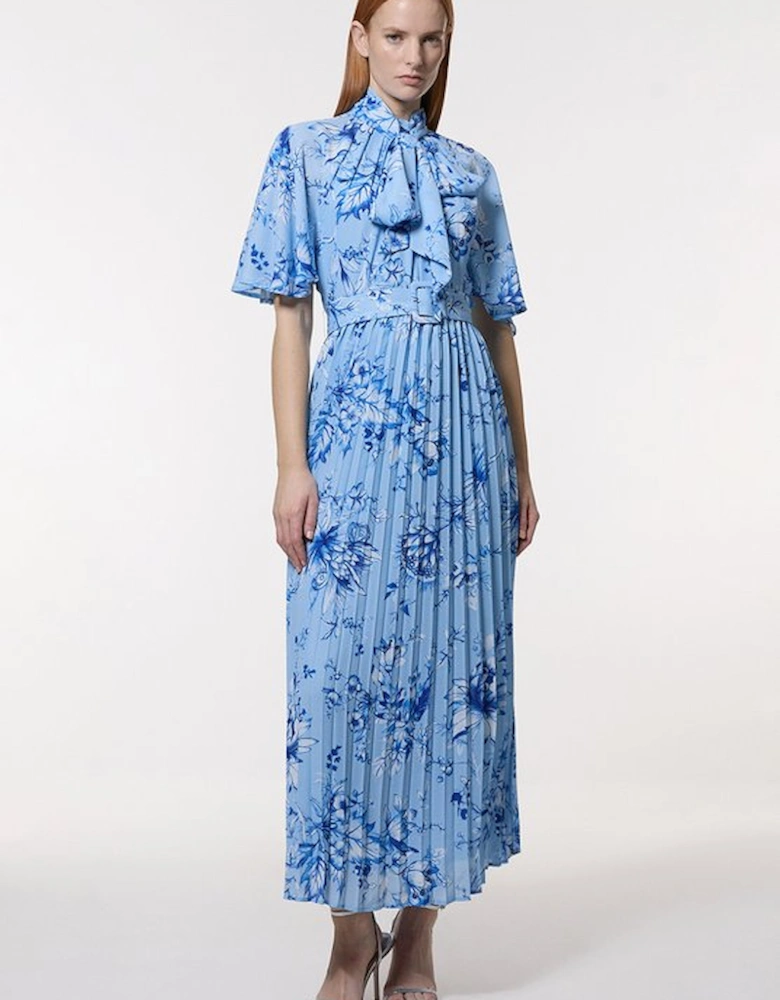 Floral Georgette Tie Neck Pleated Woven Midi Dress