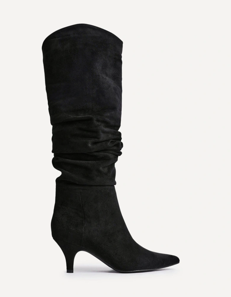 Esteem Black Faux Suede Ruched Kitten Heel Knee High Boot