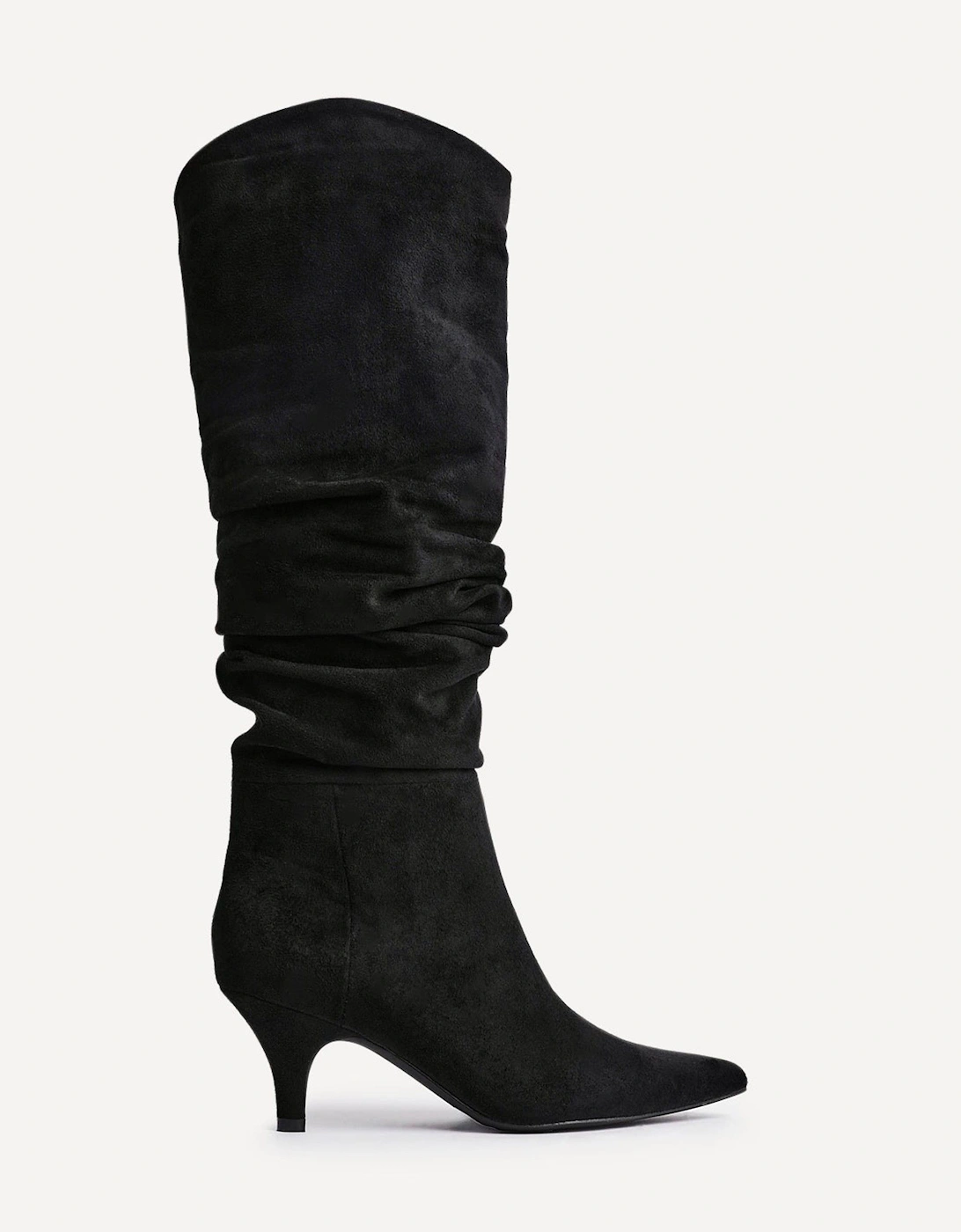Esteem Black Faux Suede Ruched Kitten Heel Knee High Boot, 2 of 1