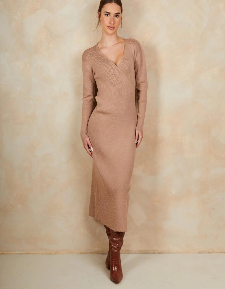 Wrap Split Side Knitted Midi Dress in Camel