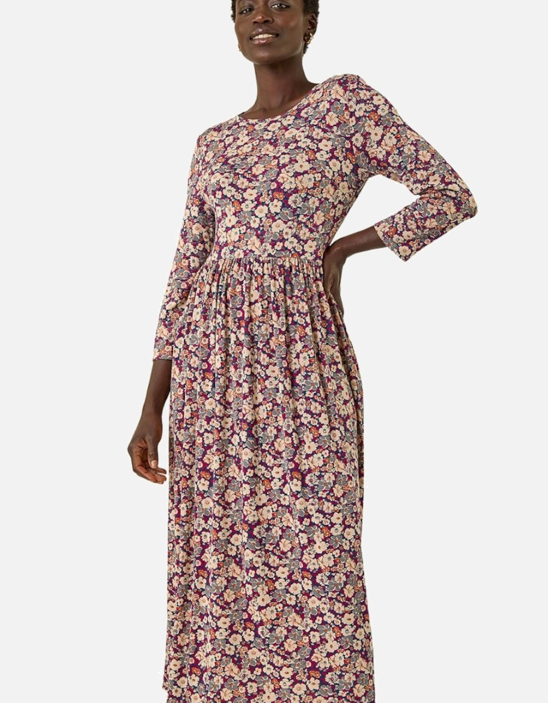 Multi Floral Gathered Midi Dress
