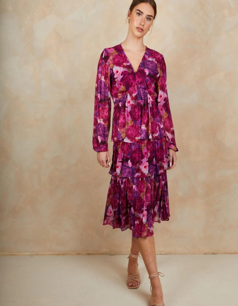 Long Sleeve Floral Printed Mesh Tiered Midi Dress