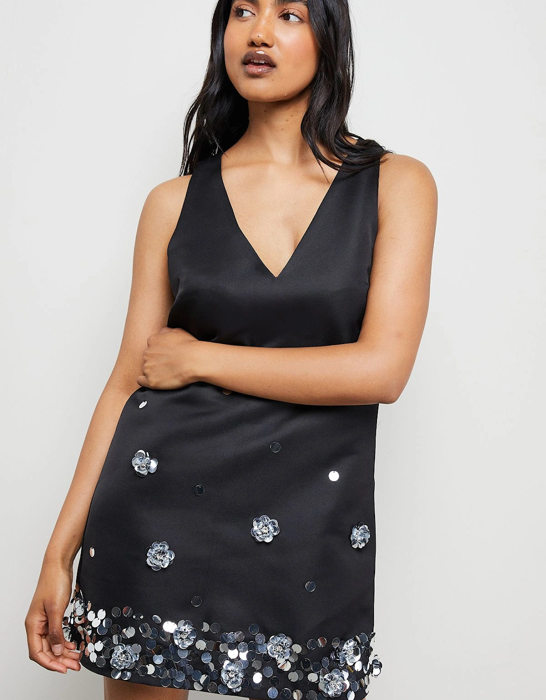 Embellished Heavy Satin Plunge Neck Mini Dress, 2 of 1