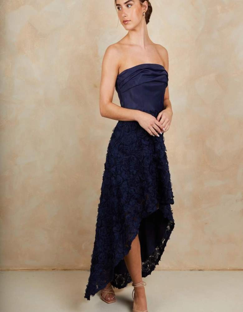 3D Floral Dip Hem Dress in Navy