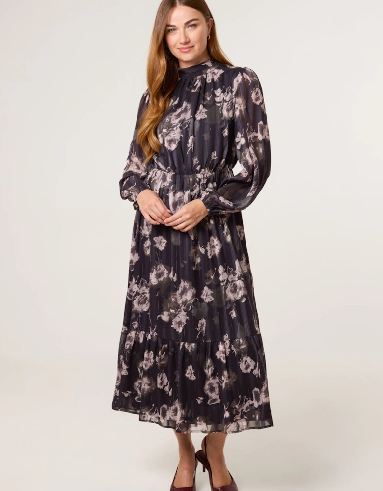 Black High Neck Floral Puffball Pleated Midi Dress