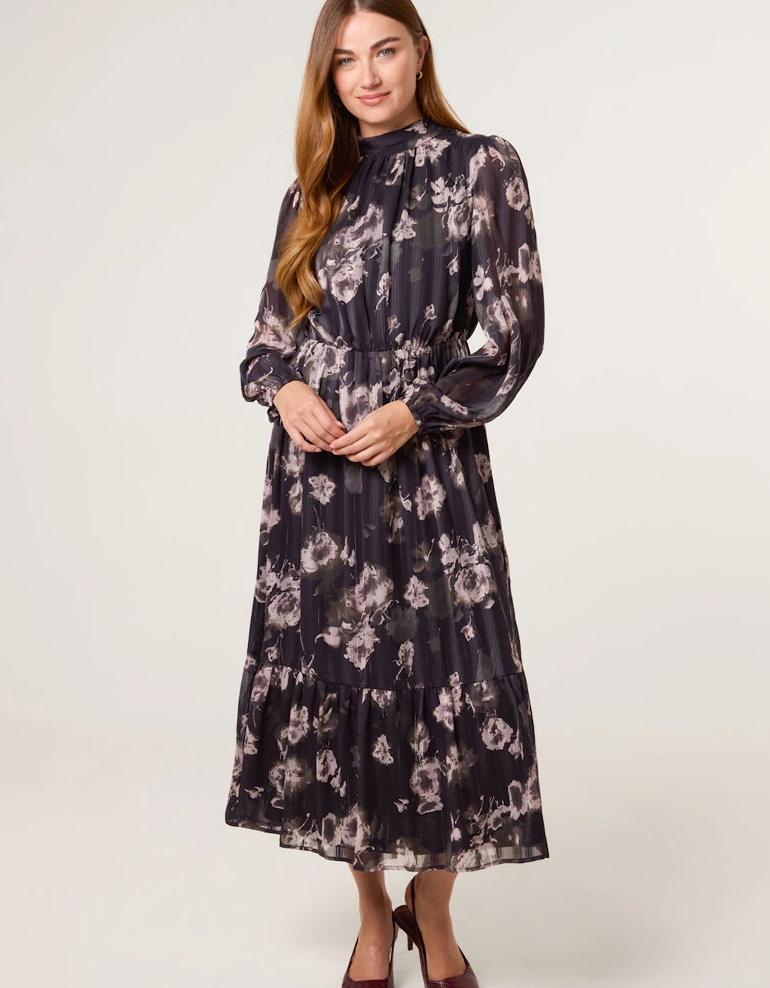 Black High Neck Floral Puffball Pleated Midi Dress, 2 of 1