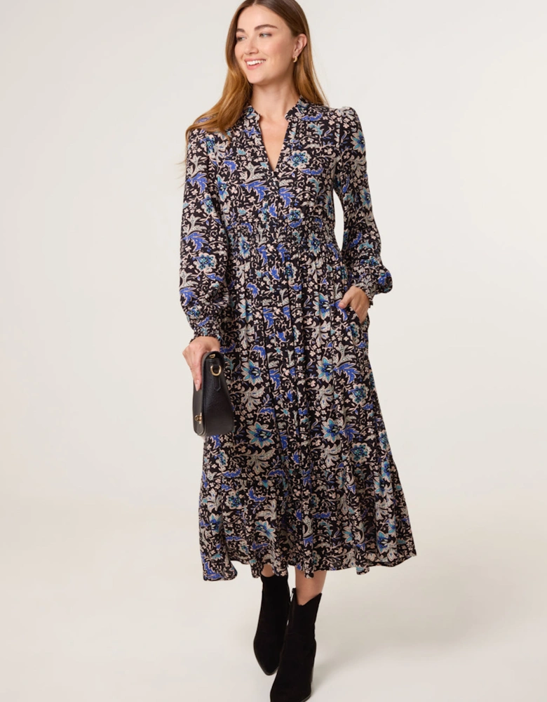 Black Paisley Shirred Waist Shirt Dress