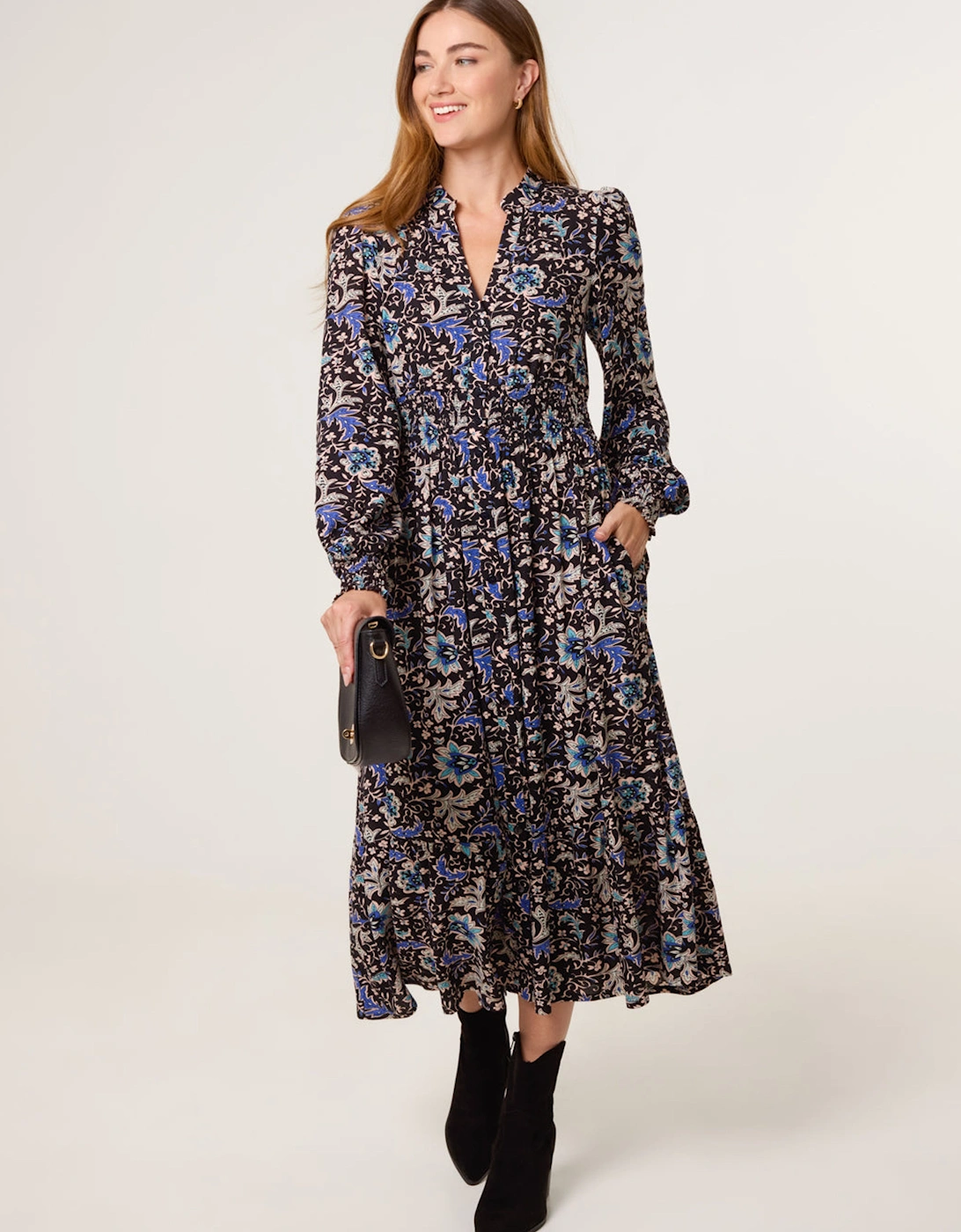 Black Paisley Shirred Waist Shirt Dress, 2 of 1