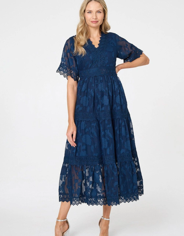 Floral Lace Frill 1/2 Sleeve Midi Dress