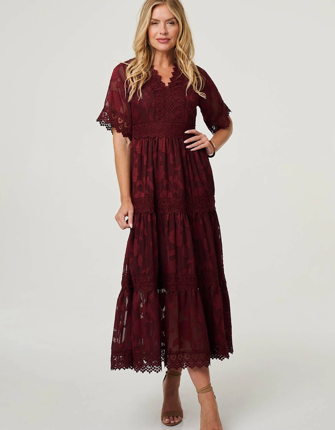 Floral Lace Frill 1/2 Sleeve Midi Dress, 2 of 1