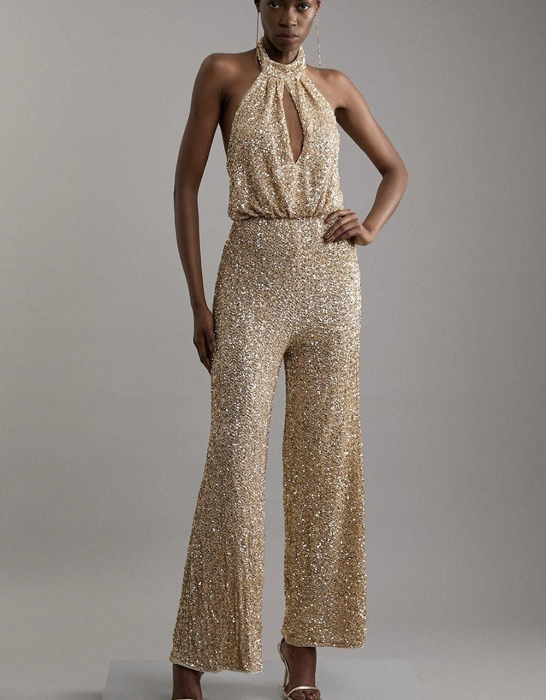 Halter Jersey Stretch Sequin Wide Leg Jumpsuit, 2 of 1