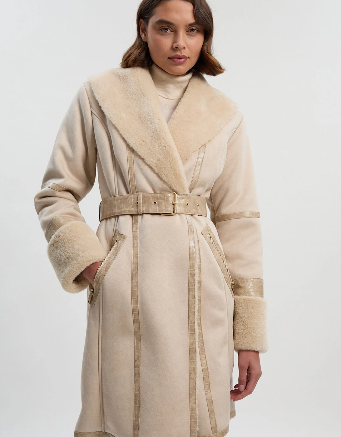 Faux Shearling Snake Tipped Belted Short Cuff and Collar Coat, 2 of 1