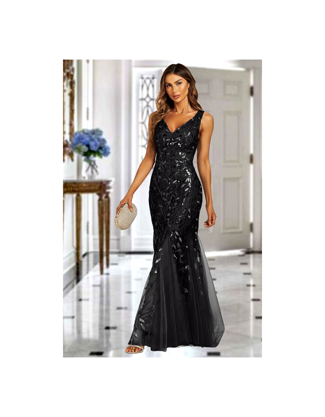 Sequin Leaf Detailed V Neck Bridesmaid Maxi Dress In Black, 2 of 1