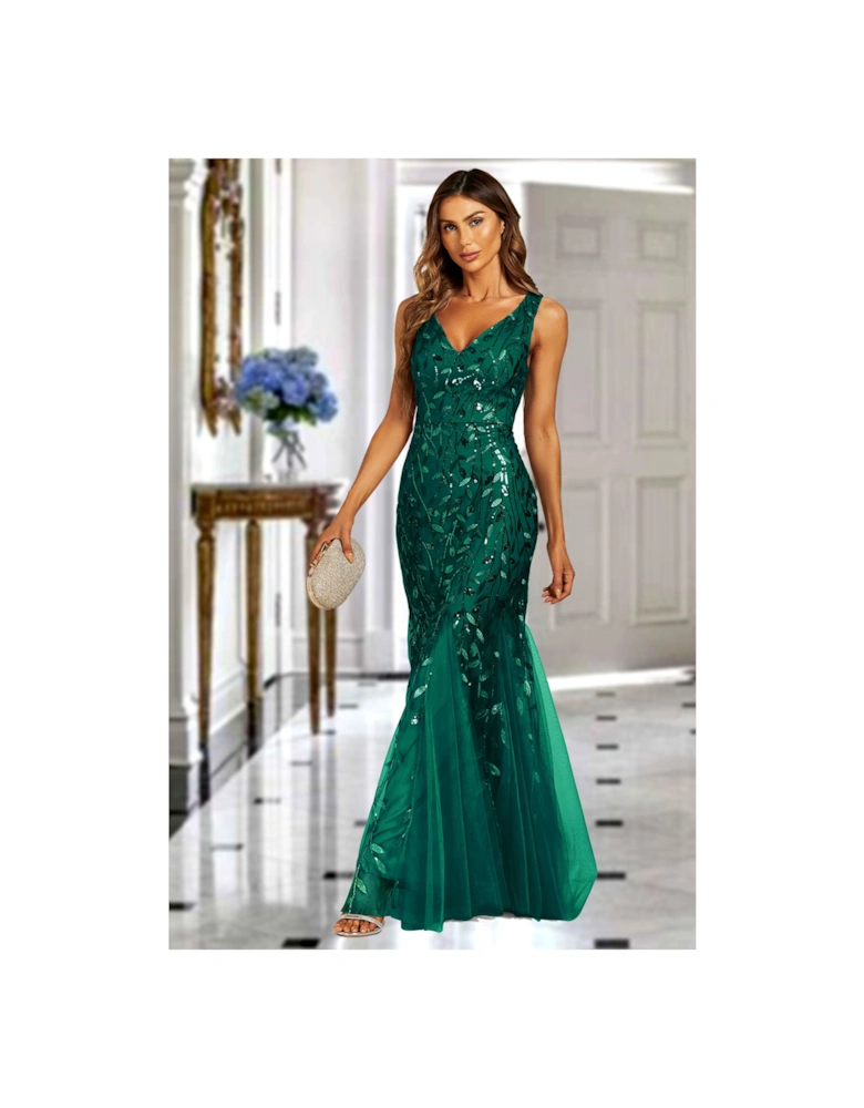 Sequin Leaf Detailed V Neck Bridesmaid Maxi Dress In Green