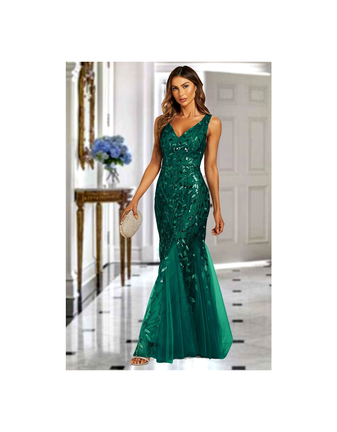 Sequin Leaf Detailed V Neck Bridesmaid Maxi Dress In Green, 2 of 1