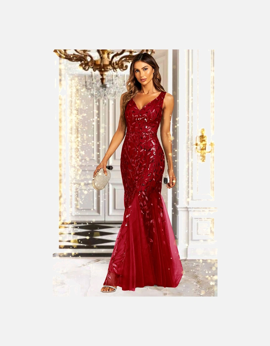 Sequin Leaf Detailed V Neck Bridesmaid Maxi Dress In Wine, 2 of 1