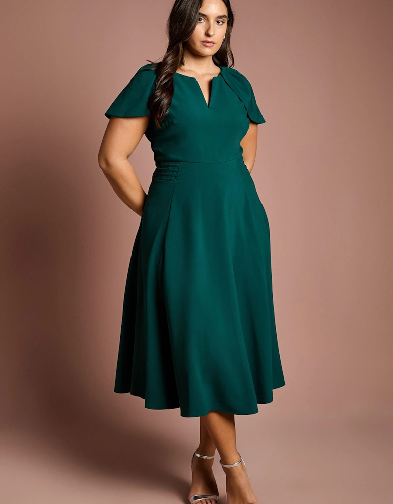 Plus V Neck Short Sleeve Ponte Midi Dress