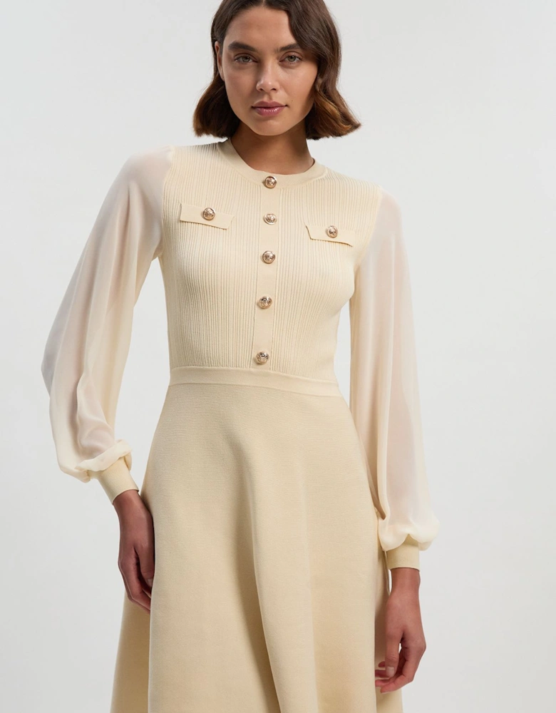 Viscose Blend Mini Knit Dress With Chiffon Sleeve Military Trim