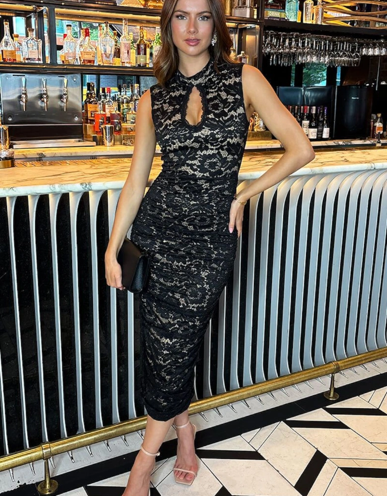 Black Lace Contrast Keyhole Neck Ruched Midi Dress