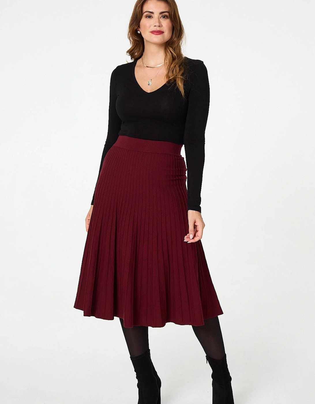 High Waist Pleated Knit Midi Skirt, 2 of 1