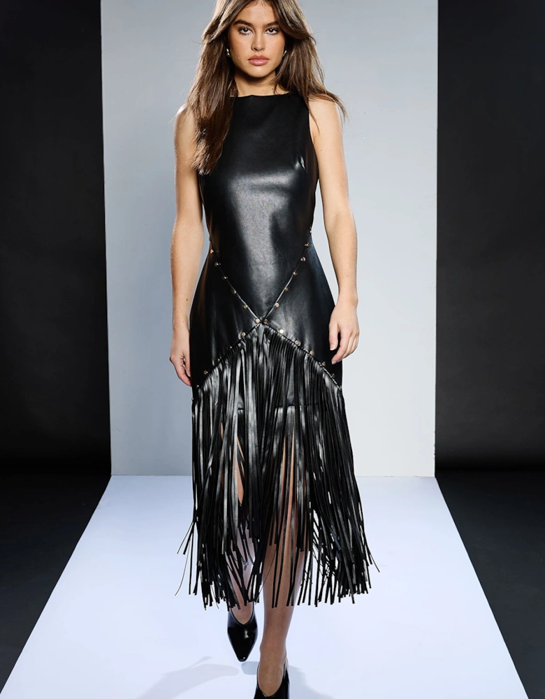 PU Fringe Stud Detail Dress