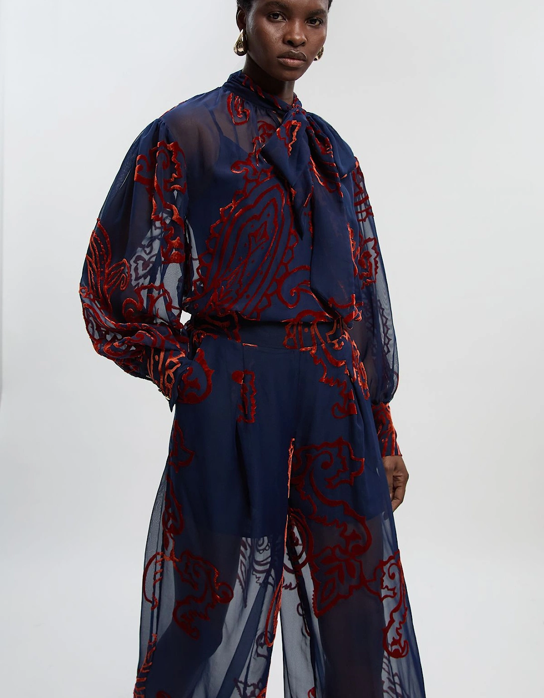 Paisley Devore Woven Pussy Bow Blouse, 2 of 1