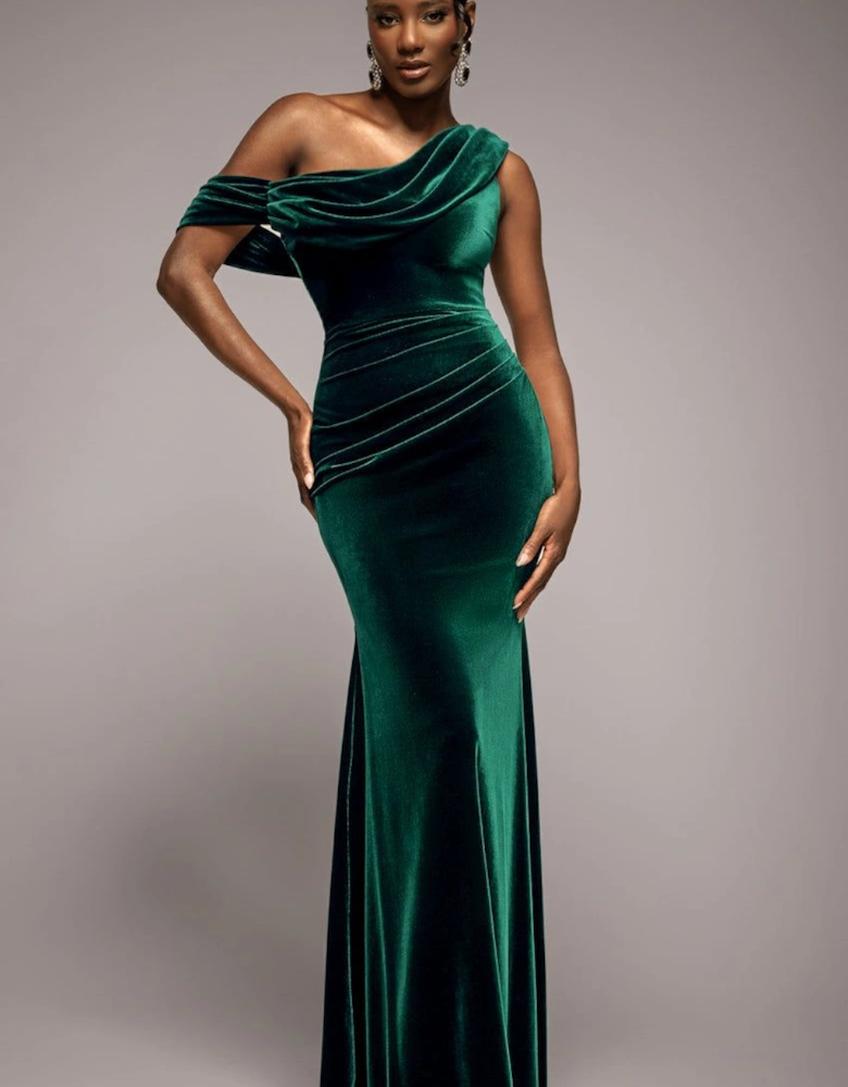 Cowl One Shoulder Velvet Maxi Dress