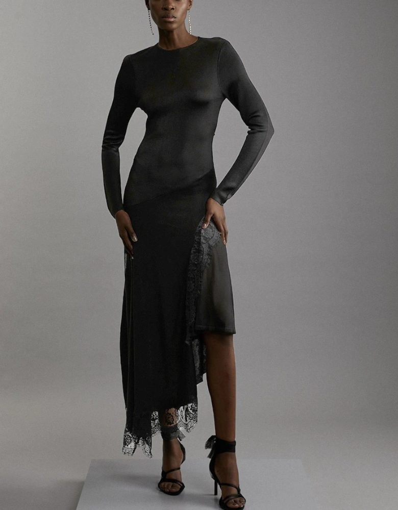 Viscose Blend Slinky Sheer Lace Detail Asymmetric Knit Maxi Dress