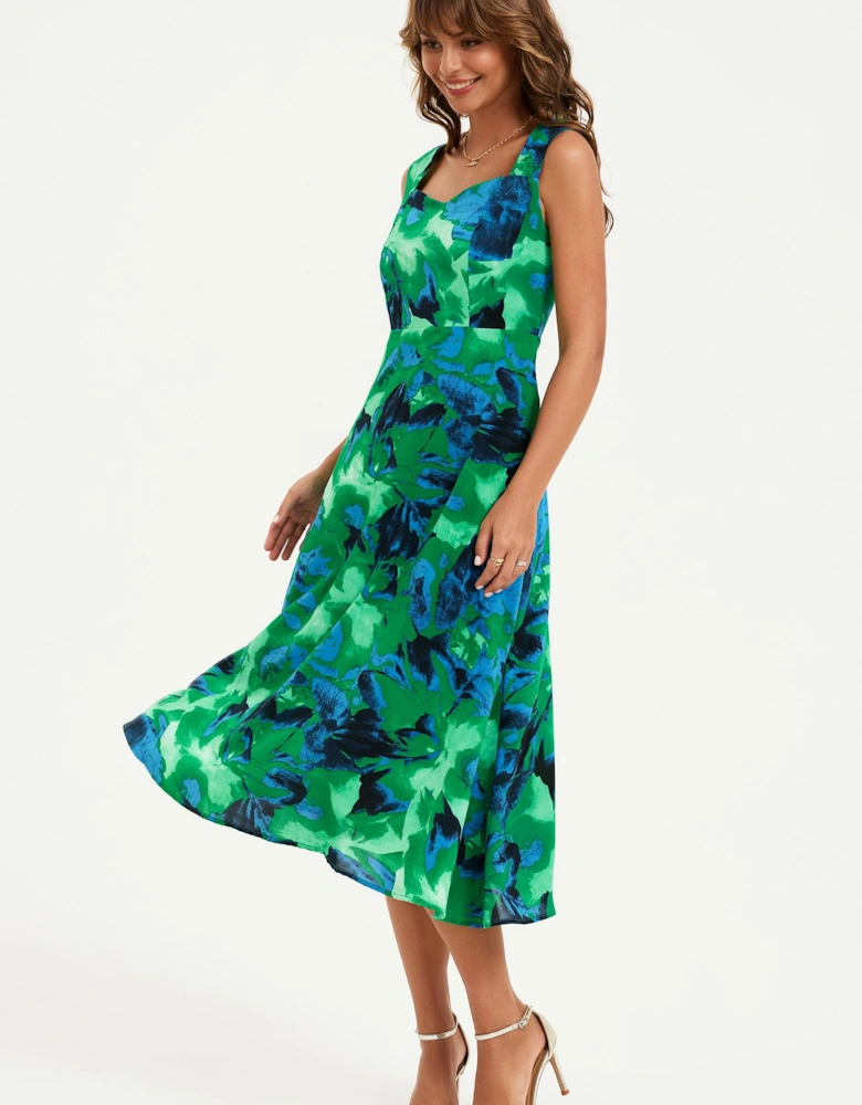 Floral Print Sleeveless Sweetheart Neckline Midi Dress