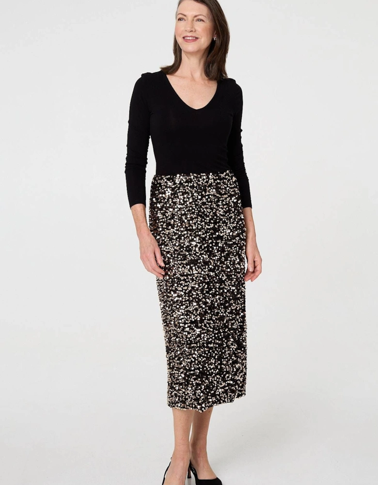 Sequin Embellished High Waist Midi Skirt