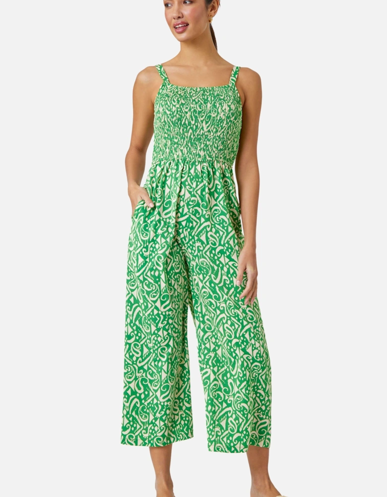 Aztec Print Crop Shirred Jumpsuit